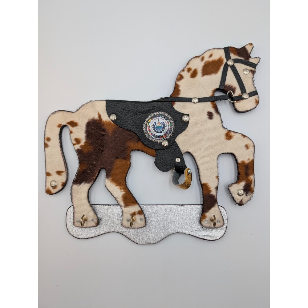 Vintage El Salvador Horse Key Rack Cowhide‎ Leather Wall Decor Western Souvenir